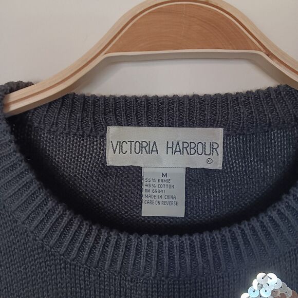 Vintage Victoria Harbour Black Sequin Argyle Sweater Embellished Holiday Medium - Picture 7 of 11